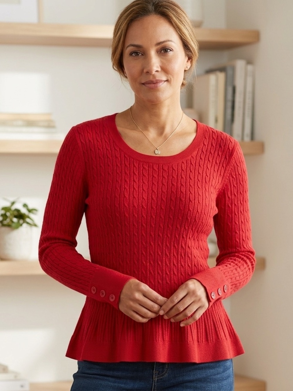 Red Cable-Knit 100% cotton Peplum minimalist Sweater